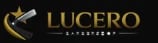 Lucero logo with gold text and decorative curved design on dark background