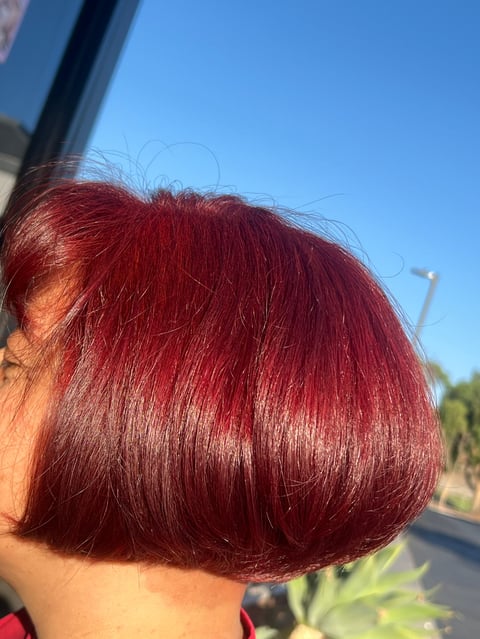 Back view of person with short deep red layered bob hairstyle in bright sunlight outdoors